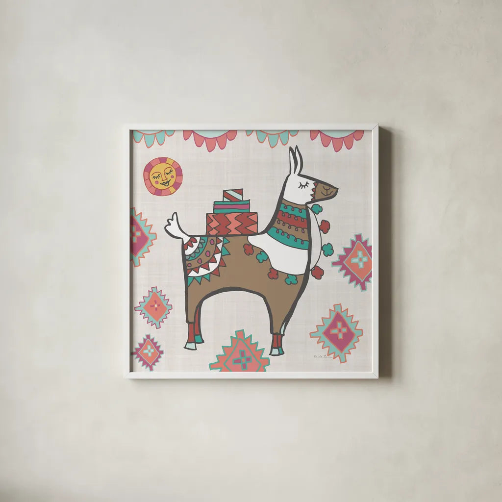 Playful Llamas I by Farida Zaman. Shown in a crisp white glass frame for a clean and minimalist style. Available as an archival giclee rolled canvas, fine art paper, or poster print. SKU 42221a.