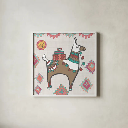 Playful Llamas I by Farida Zaman. Shown in a crisp white glass frame for a clean and minimalist style. Available as an archival giclee rolled canvas, fine art paper, or poster print. SKU 42221a.