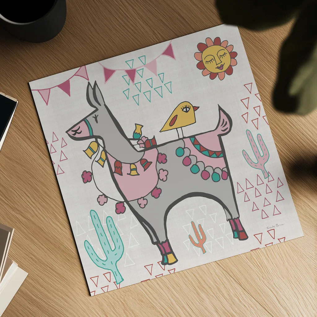 Playful Llamas II by Farida Zaman. Shown as a detailed flat fine art print, highlighting archival giclee quality. Available as an archival giclee rolled canvas, fine art paper, or poster print. SKU 42222a.