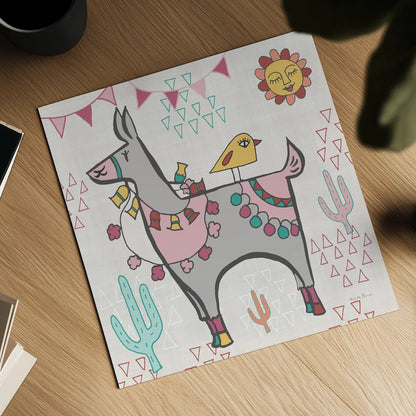 Playful Llamas II by Farida Zaman. Shown as a detailed flat fine art print, highlighting archival giclee quality. Available as an archival giclee rolled canvas, fine art paper, or poster print. SKU 42222a.
