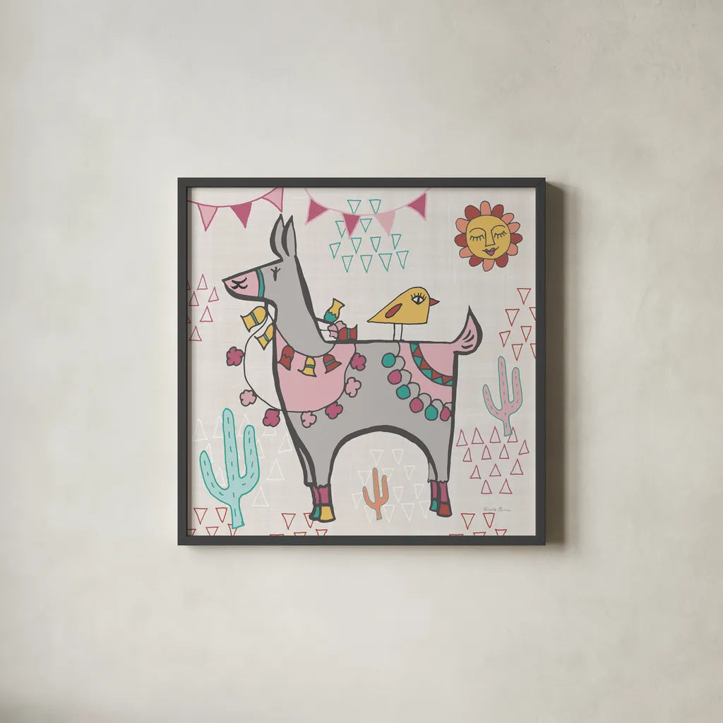 Playful Llamas II by Farida Zaman. Shown in a sleek black glass frame for a contemporary gallery look. Available as an archival giclee rolled canvas, fine art paper, or poster print. SKU 42222a.