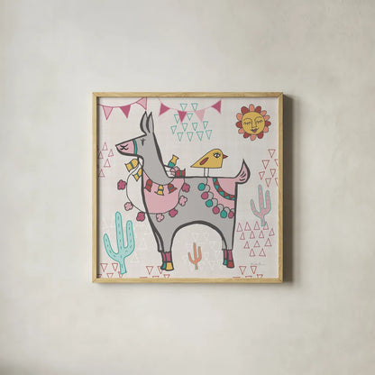 Playful Llamas II by Farida Zaman. Shown in a natural wood glass frame for a timeless modern aesthetic. Available as an archival giclee rolled canvas, fine art paper, or poster print. SKU 42222a.