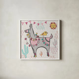 Playful Llamas II by Farida Zaman. Shown in a crisp white glass frame for a clean and minimalist style. Available as an archival giclee rolled canvas, fine art paper, or poster print. SKU 42222a.