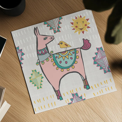 Playful Llamas III by Farida Zaman. Shown as a detailed flat fine art print, highlighting archival giclee quality. Available as an archival giclee rolled canvas, fine art paper, or poster print. SKU 42223a.