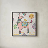 Playful Llamas III by Farida Zaman. Shown in a sleek black glass frame for a contemporary gallery look. Available as an archival giclee rolled canvas, fine art paper, or poster print. SKU 42223a.