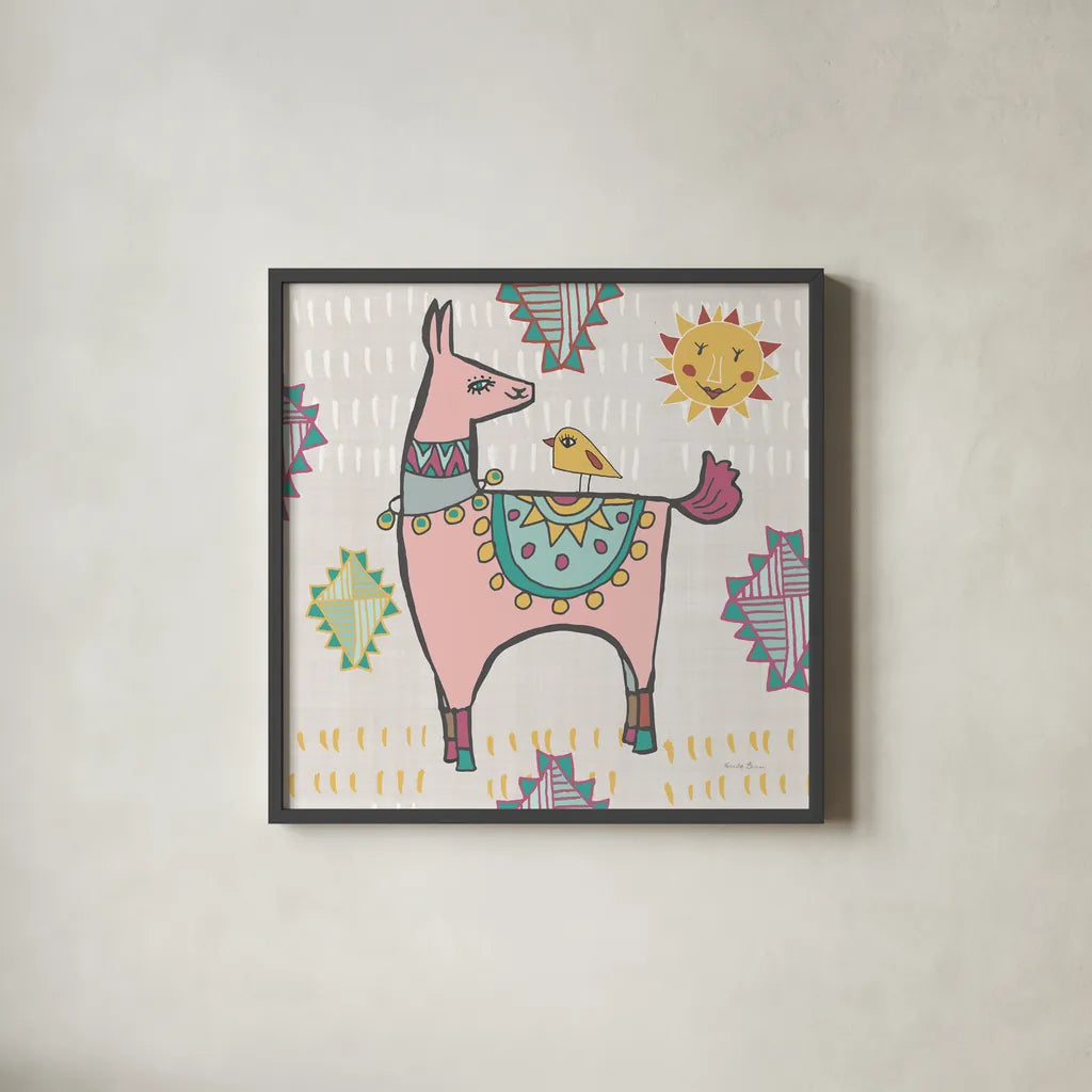 Playful Llamas III by Farida Zaman. Shown in a sleek black glass frame for a contemporary gallery look. Available as an archival giclee rolled canvas, fine art paper, or poster print. SKU 42223a.