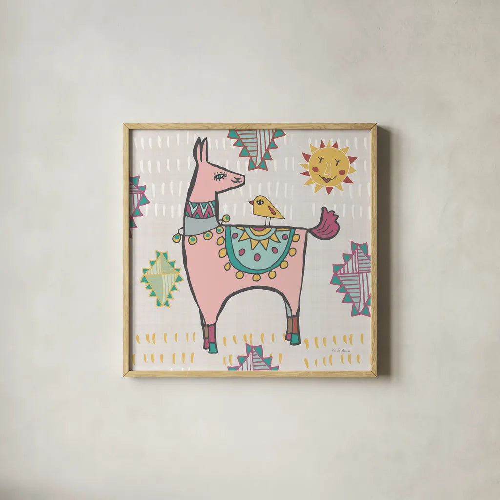 Playful Llamas III by Farida Zaman. Shown in a natural wood glass frame for a timeless modern aesthetic. Available as an archival giclee rolled canvas, fine art paper, or poster print. SKU 42223a.