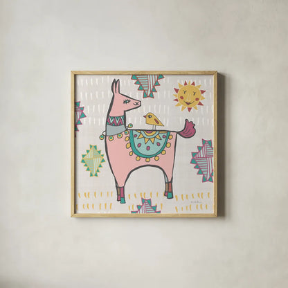 Playful Llamas III by Farida Zaman. Shown in a natural wood glass frame for a timeless modern aesthetic. Available as an archival giclee rolled canvas, fine art paper, or poster print. SKU 42223a.