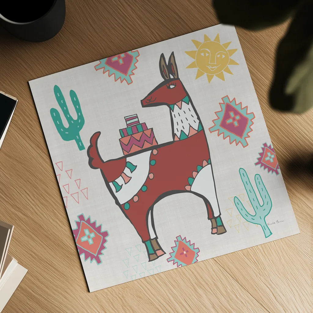 Playful Llamas IV by Farida Zaman. Shown as a detailed flat fine art print, highlighting archival giclee quality. Available as an archival giclee rolled canvas, fine art paper, or poster print. SKU 42224a.