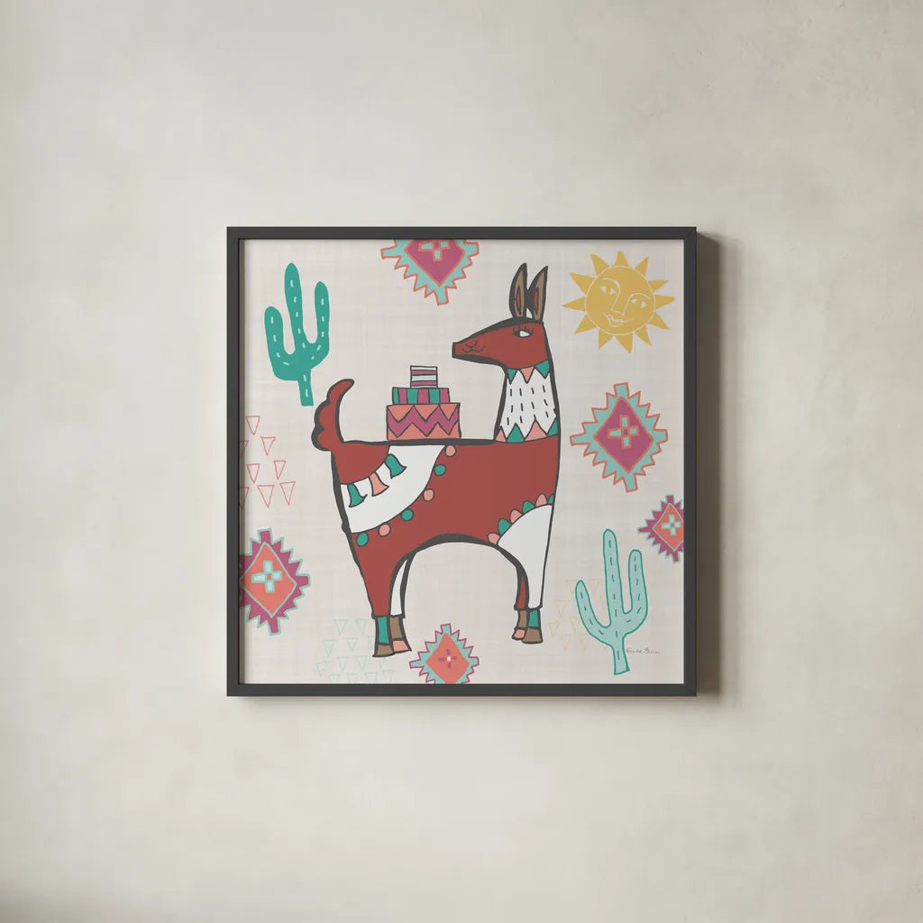 Playful Llamas IV by Farida Zaman. Shown in a sleek black glass frame for a contemporary gallery look. Available as an archival giclee rolled canvas, fine art paper, or poster print. SKU 42224a.