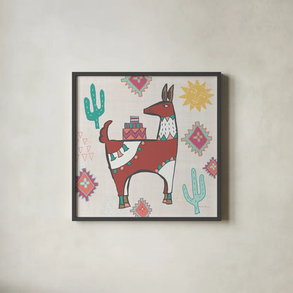 Playful Llamas IV by Farida Zaman. Shown in a sleek black glass frame for a contemporary gallery look. Available as an archival giclee rolled canvas, fine art paper, or poster print. SKU 42224a.