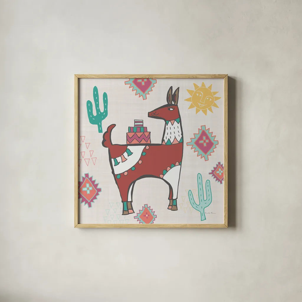Playful Llamas IV by Farida Zaman. Shown in a natural wood glass frame for a timeless modern aesthetic. Available as an archival giclee rolled canvas, fine art paper, or poster print. SKU 42224a.