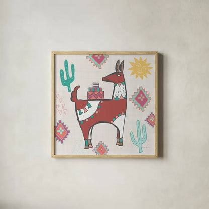 Playful Llamas IV by Farida Zaman. Shown in a natural wood glass frame for a timeless modern aesthetic. Available as an archival giclee rolled canvas, fine art paper, or poster print. SKU 42224a.