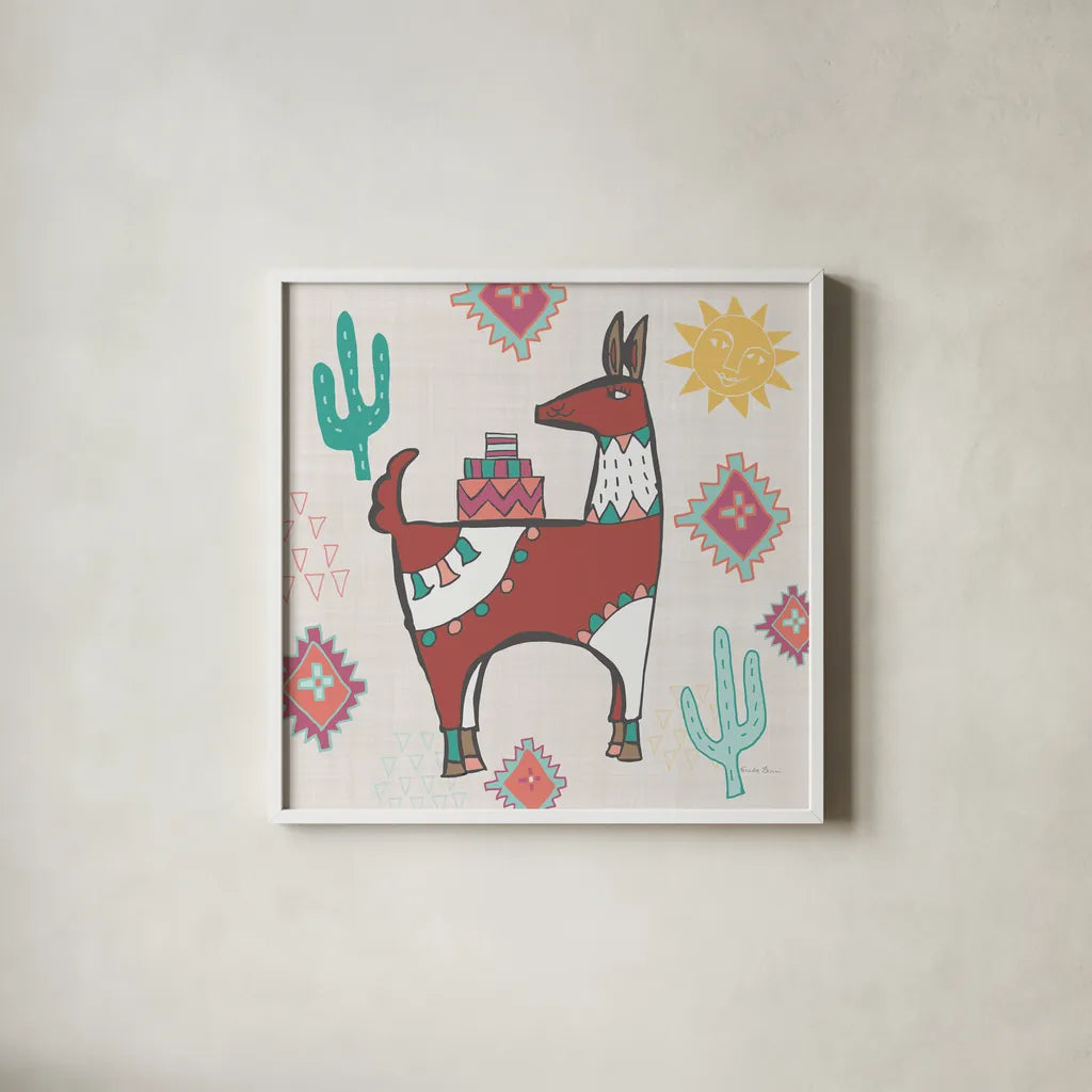 Playful Llamas IV by Farida Zaman. Shown in a crisp white glass frame for a clean and minimalist style. Available as an archival giclee rolled canvas, fine art paper, or poster print. SKU 42224a.