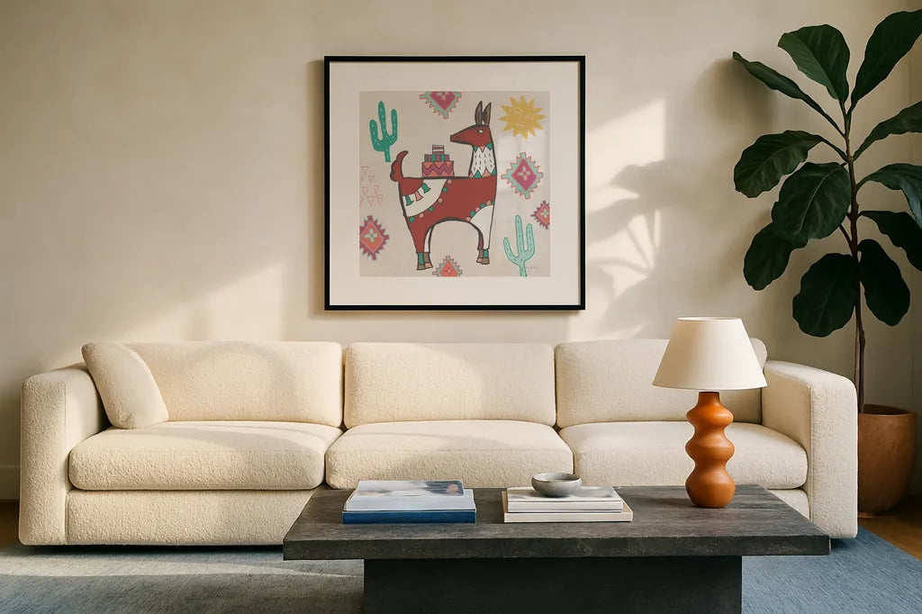 Playful Llamas IV by Farida Zaman. Displayed in a glass frame with matte in a clean modern living room. Available as an archival giclee rolled canvas, fine art paper, or poster print. SKU 42224a.