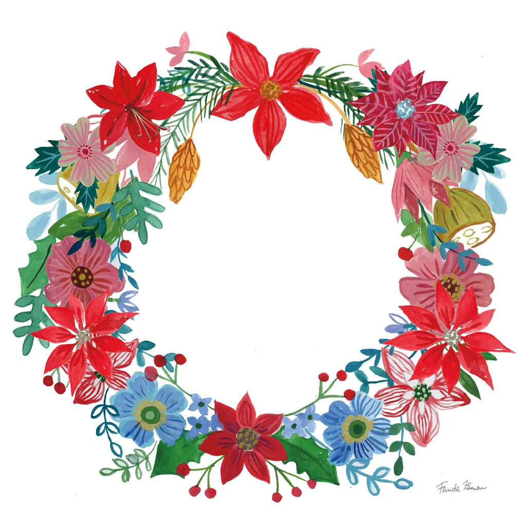 Poinsettia Wreath I by Farida Zaman. SKU 66603a. Archival Giclee Fine art print for wall decor.