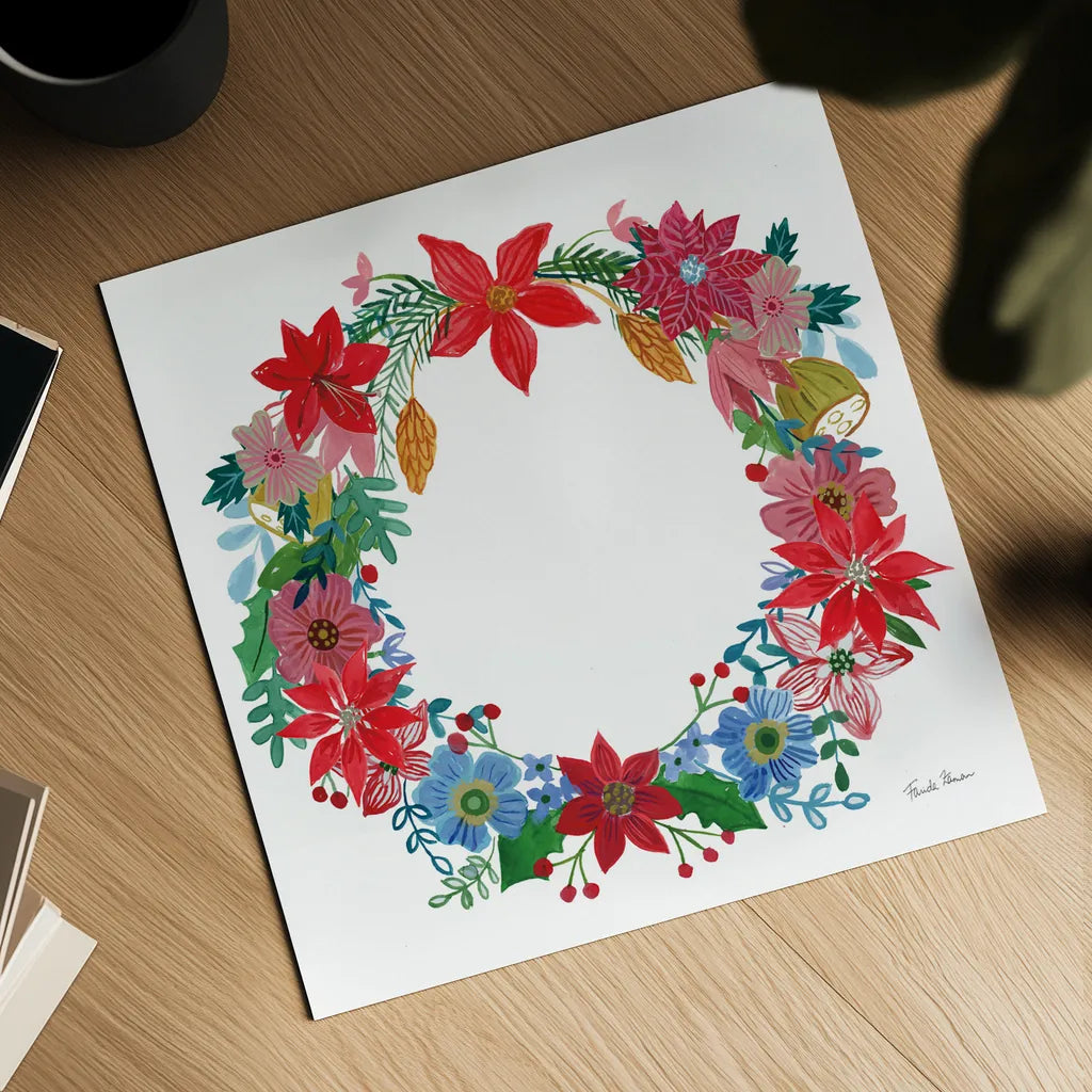 Poinsettia Wreath I by Farida Zaman. Shown as a detailed flat fine art print, highlighting archival giclee quality. Available as an archival giclee rolled canvas, fine art paper, or poster print. SKU 66603a.