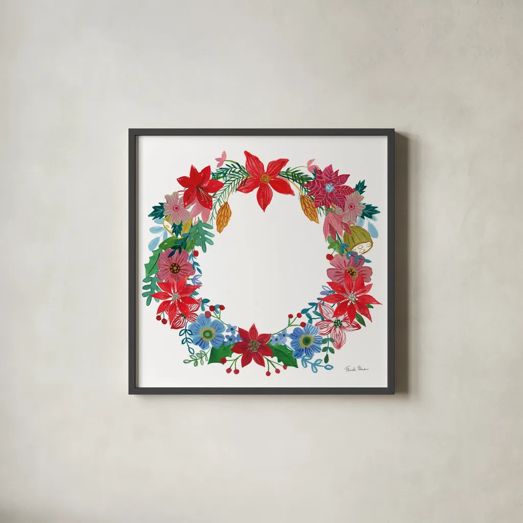 Poinsettia Wreath I by Farida Zaman. Shown in a sleek black glass frame for a contemporary gallery look. Available as an archival giclee rolled canvas, fine art paper, or poster print. SKU 66603a.