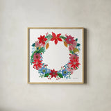 Poinsettia Wreath I by Farida Zaman. Shown in a natural wood glass frame for a timeless modern aesthetic. Available as an archival giclee rolled canvas, fine art paper, or poster print. SKU 66603a.