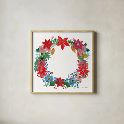 Poinsettia Wreath I by Farida Zaman. Shown in a natural wood glass frame for a timeless modern aesthetic. Available as an archival giclee rolled canvas, fine art paper, or poster print. SKU 66603a.