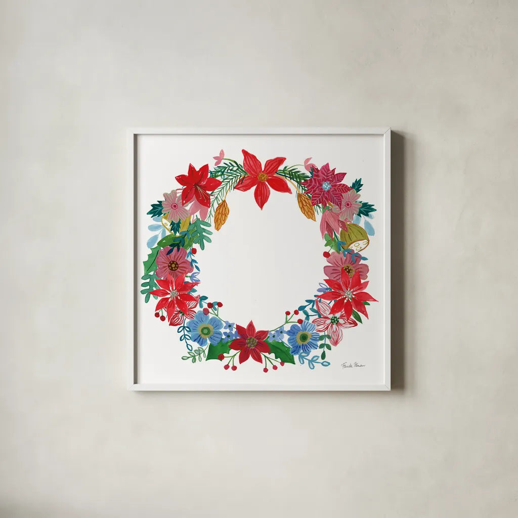 Poinsettia Wreath I by Farida Zaman. Shown in a crisp white glass frame for a clean and minimalist style. Available as an archival giclee rolled canvas, fine art paper, or poster print. SKU 66603a.