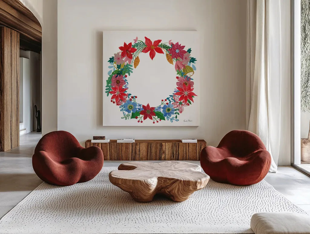 Poinsettia Wreath I by Farida Zaman. Shown as extra-large giant wall art in a modern living room. Available as an archival giclee rolled canvas, fine art paper, or poster print. SKU 66603a.