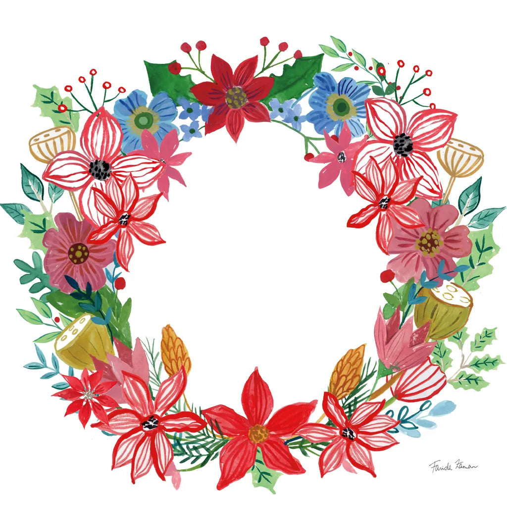 Poinsettia Wreath II by Farida Zaman. SKU 66604a. Archival Giclee Fine art print for wall decor.