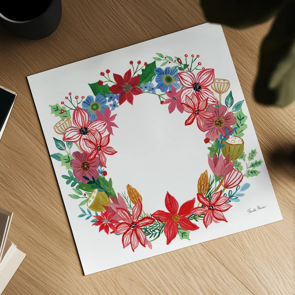 Poinsettia Wreath II by Farida Zaman. Shown as a detailed flat fine art print, highlighting archival giclee quality. Available as an archival giclee rolled canvas, fine art paper, or poster print. SKU 66604a.