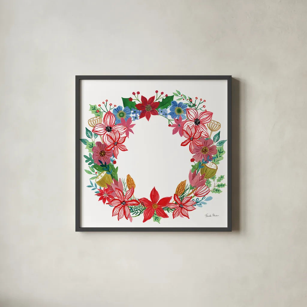 Poinsettia Wreath II by Farida Zaman. Shown in a sleek black glass frame for a contemporary gallery look. Available as an archival giclee rolled canvas, fine art paper, or poster print. SKU 66604a.