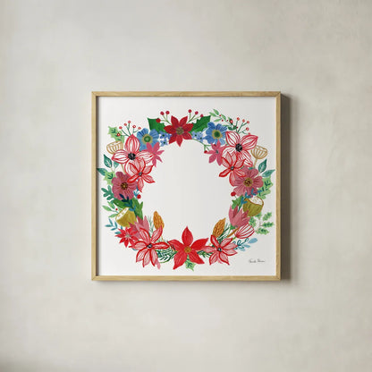 Poinsettia Wreath II by Farida Zaman. Shown in a natural wood glass frame for a timeless modern aesthetic. Available as an archival giclee rolled canvas, fine art paper, or poster print. SKU 66604a.