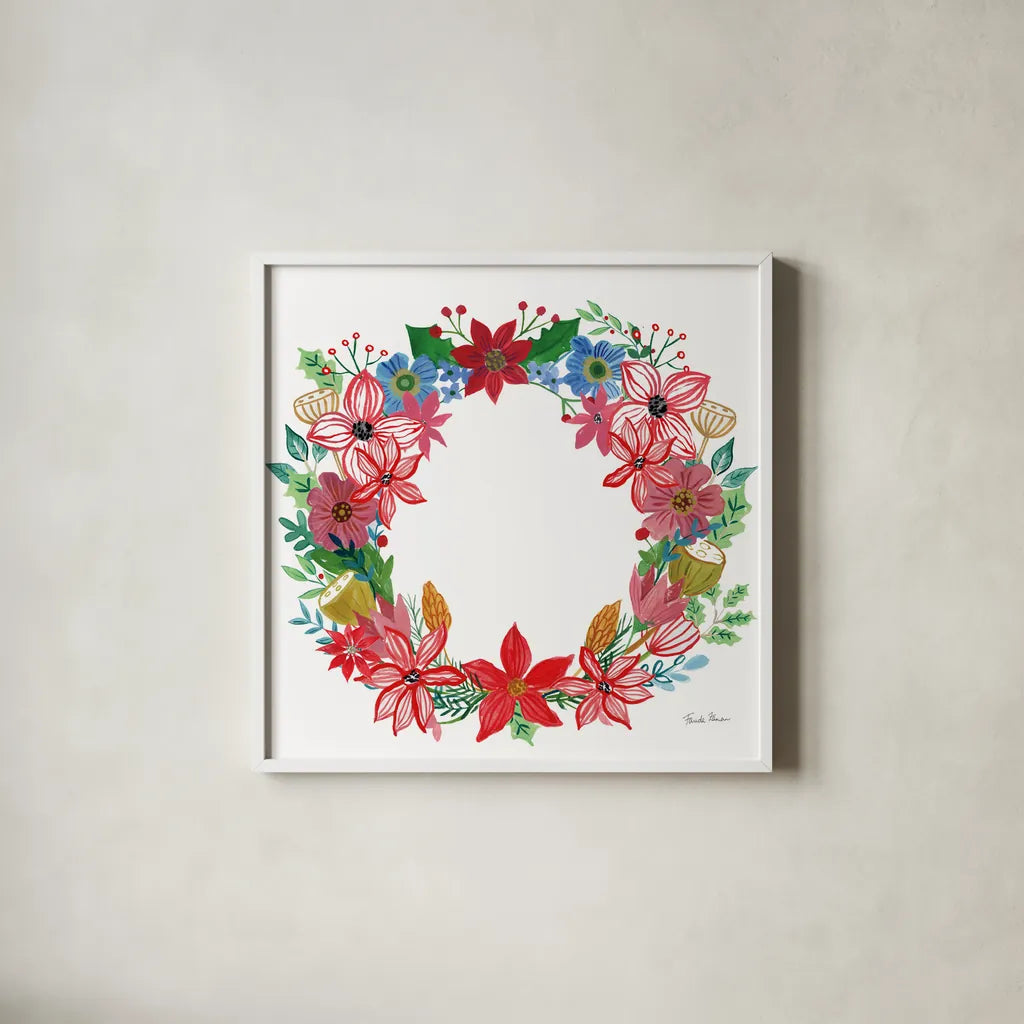 Poinsettia Wreath II by Farida Zaman. Shown in a crisp white glass frame for a clean and minimalist style. Available as an archival giclee rolled canvas, fine art paper, or poster print. SKU 66604a.