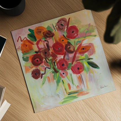 Poppy Burst by Farida Zaman. Shown as a detailed flat fine art print, highlighting archival giclee quality. Available as an archival giclee rolled canvas, fine art paper, or poster print. SKU 38702a.