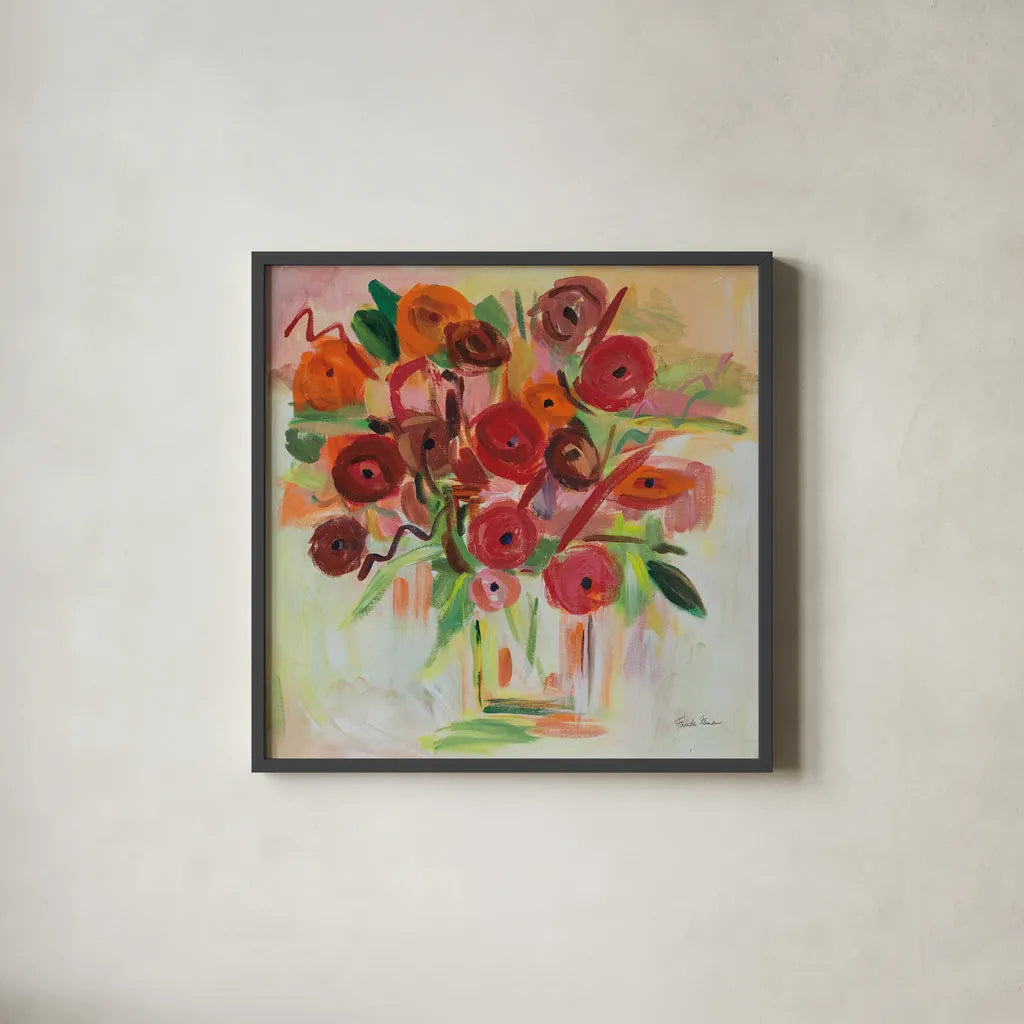Poppy Burst by Farida Zaman. Shown in a sleek black glass frame for a contemporary gallery look. Available as an archival giclee rolled canvas, fine art paper, or poster print. SKU 38702a.