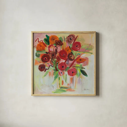 Poppy Burst by Farida Zaman. Shown in a natural wood glass frame for a timeless modern aesthetic. Available as an archival giclee rolled canvas, fine art paper, or poster print. SKU 38702a.