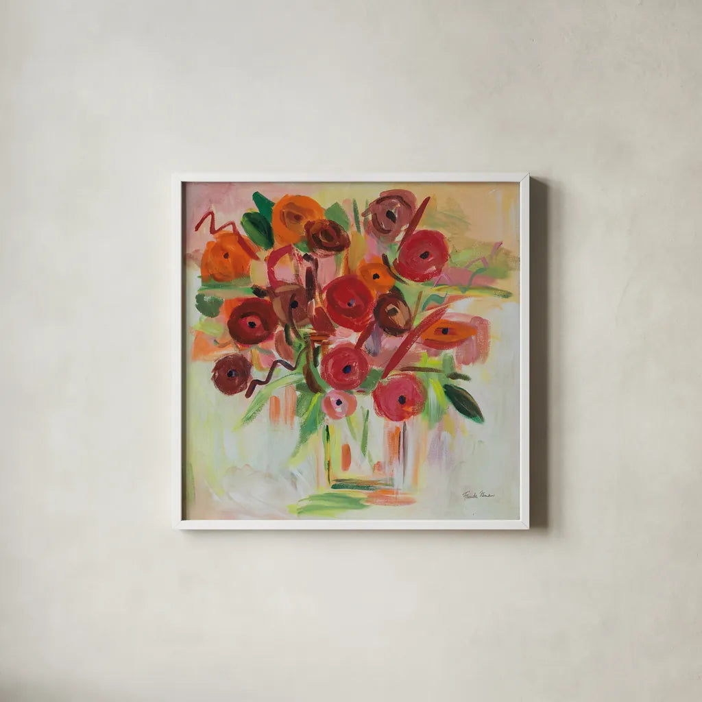 Poppy Burst by Farida Zaman. Shown in a crisp white glass frame for a clean and minimalist style. Available as an archival giclee rolled canvas, fine art paper, or poster print. SKU 38702a.