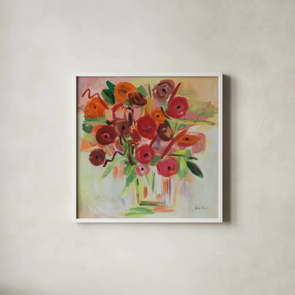 Poppy Burst by Farida Zaman. Shown in a crisp white glass frame for a clean and minimalist style. Available as an archival giclee rolled canvas, fine art paper, or poster print. SKU 38702a.