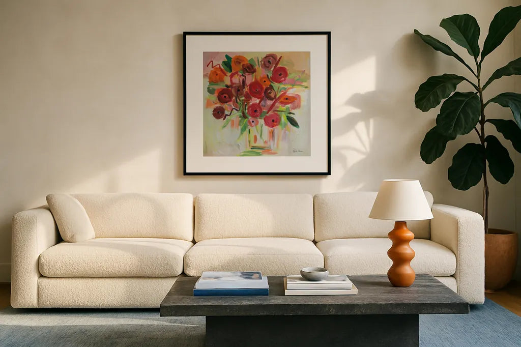 Poppy Burst by Farida Zaman. Displayed in a glass frame with matte in a clean modern living room. Available as an archival giclee rolled canvas, fine art paper, or poster print. SKU 38702a.
