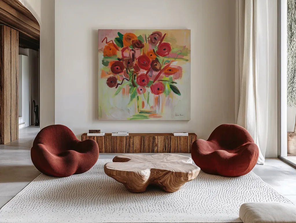 Poppy Burst by Farida Zaman. Shown as extra-large giant wall art in a modern living room. Available as an archival giclee rolled canvas, fine art paper, or poster print. SKU 38702a.