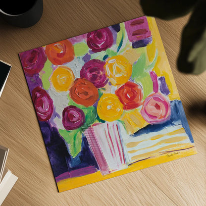 Posies by Farida Zaman. Shown as a detailed flat fine art print, highlighting archival giclee quality. Available as an archival giclee rolled canvas, fine art paper, or poster print. SKU 60951a.