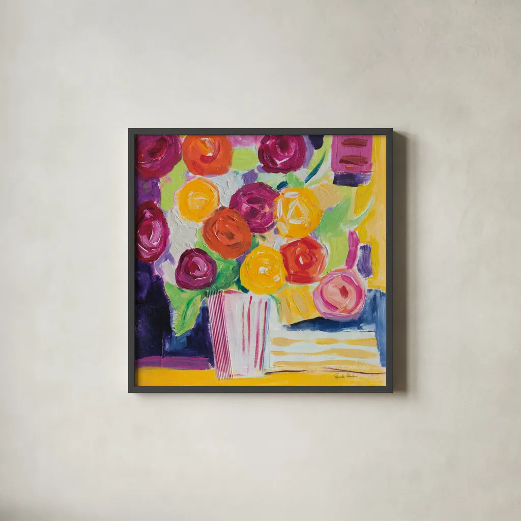 Posies by Farida Zaman. Shown in a sleek black glass frame for a contemporary gallery look. Available as an archival giclee rolled canvas, fine art paper, or poster print. SKU 60951a.