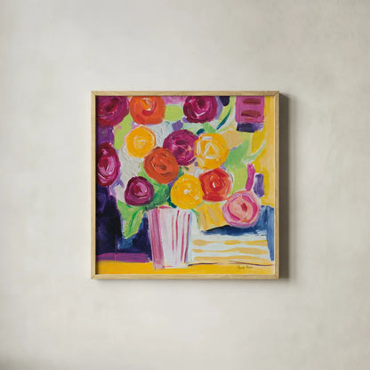 Posies by Farida Zaman. Shown in a natural wood glass frame for a timeless modern aesthetic. Available as an archival giclee rolled canvas, fine art paper, or poster print. SKU 60951a.