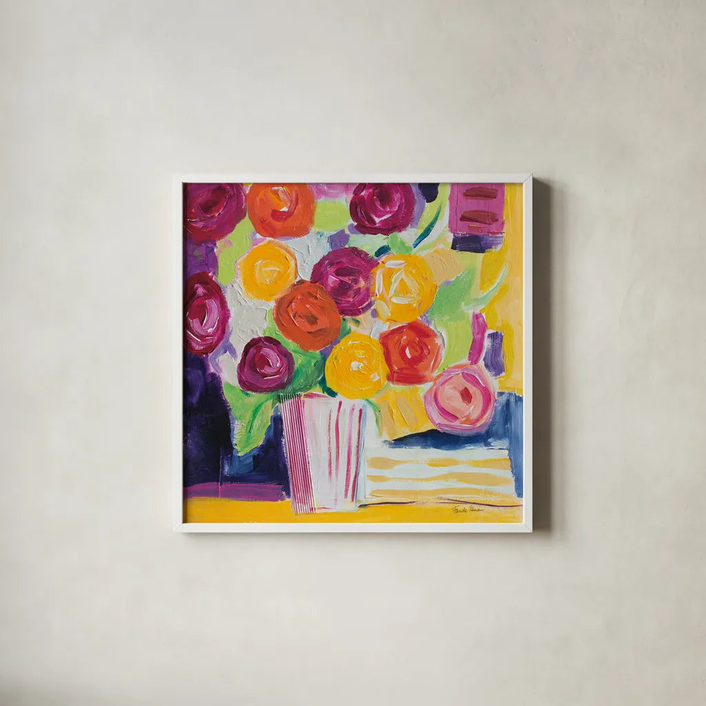 Posies by Farida Zaman. Shown in a crisp white glass frame for a clean and minimalist style. Available as an archival giclee rolled canvas, fine art paper, or poster print. SKU 60951a.