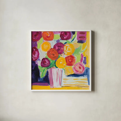 Posies by Farida Zaman. Shown in a crisp white glass frame for a clean and minimalist style. Available as an archival giclee rolled canvas, fine art paper, or poster print. SKU 60951a.