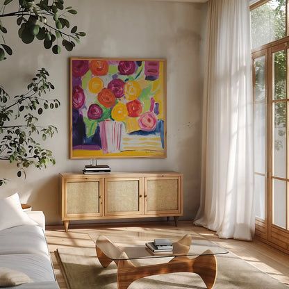 Posies by Farida Zaman. Shown in a natural wood frame in a cozy modern living room. Available as an archival giclee rolled canvas, fine art paper, or poster print. SKU 60951a.