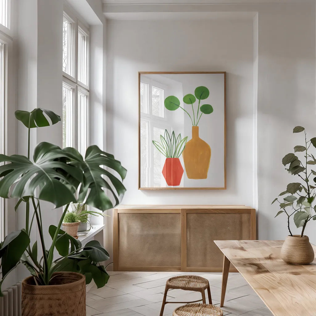 Potted II Crop by Farida Zaman. shown as a print in a natural wood frame in a dining room. Available as a archival giclee rolled canvas, fine art paper, or poster print. SKU 65389h.