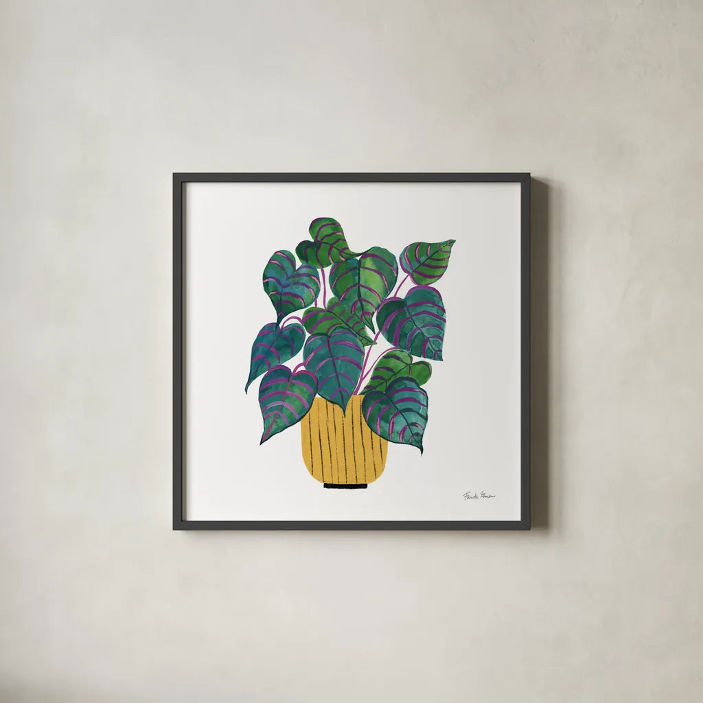 Potted Jewels I by Farida Zaman. Shown in a sleek black glass frame for a contemporary gallery look. Available as an archival giclee rolled canvas, fine art paper, or poster print. SKU 67557a.