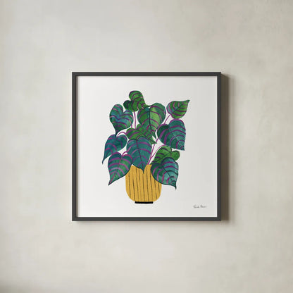 Potted Jewels I by Farida Zaman. Shown in a sleek black glass frame for a contemporary gallery look. Available as an archival giclee rolled canvas, fine art paper, or poster print. SKU 67557a.