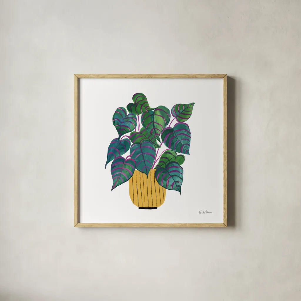 Potted Jewels I by Farida Zaman. Shown in a natural wood glass frame for a timeless modern aesthetic. Available as an archival giclee rolled canvas, fine art paper, or poster print. SKU 67557a.