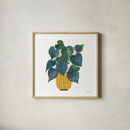 Potted Jewels I by Farida Zaman. Shown in a natural wood glass frame for a timeless modern aesthetic. Available as an archival giclee rolled canvas, fine art paper, or poster print. SKU 67557a.
