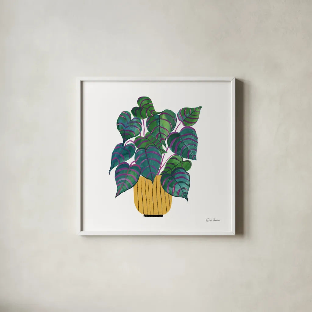 Potted Jewels I by Farida Zaman. Shown in a crisp white glass frame for a clean and minimalist style. Available as an archival giclee rolled canvas, fine art paper, or poster print. SKU 67557a.